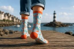 Personne portant des chaussettes humoristiques bord de mer avec motifs homards et mouettes sur un ponton en Bretagne
