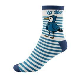Chaussettes rayées bleues avec mouette et inscription La Mer