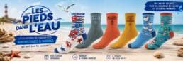 Bannière de chaussettes humoristiques bord de mer avec motifs marins et collection Les Pieds dans l’Eau