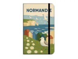 Carnet souvenir mer Normandie avec falaises, mouette et cabines de plage colorées