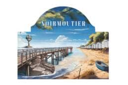 Plaque métal souvenir Noirmoutier avec ponton, plage et cabines blanches