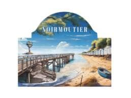 Plaque métal souvenir Noirmoutier avec ponton, plage et cabines blanches