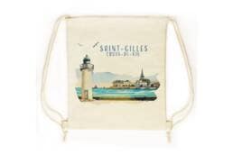 Sac pochon souvenir Saint-Gilles-Croix-de-Vie avec phare et vue sur le port