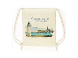 Sac pochon souvenir Saint-Gilles-Croix-de-Vie avec phare et vue sur le port
