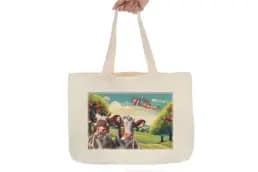 Tote bag souvenir Normandie avec deux vaches normandes dans un verger de pommiers