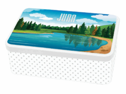 Boîte à sucre souvenir Jura illustrée d'un lac entouré de forêts