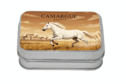 Boîte comptoir souvenir Camargue illustrée d'un cheval blanc dans les paysages camarguais