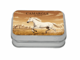 Boîte comptoir souvenir Camargue illustrée d'un cheval blanc dans les paysages camarguais
