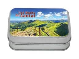 Boîte comptoir souvenir Monts du Cantal illustrée d'un paysage de montagne