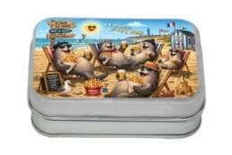 Boîte comptoir souvenir Nord avec illustration humoristique de phoques sur la plage