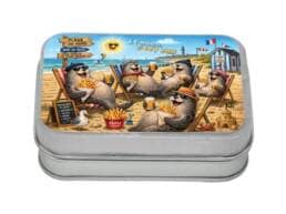 Boîte comptoir souvenir Nord avec illustration humoristique de phoques sur la plage