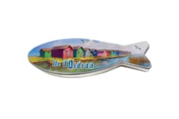 Boîte poisson métal souvenir Île d'Oléron avec cabanes colorées