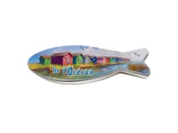 Boîte poisson métal souvenir Île d'Oléron avec cabanes colorées