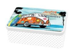 Boîte à sucre souvenir Landes avec combi vintage et planche de surf