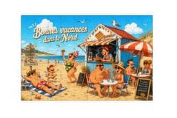 Carte puzzle souvenir Nord représentant une scène humoristique sur la plage
