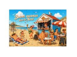 Carte puzzle souvenir Nord représentant une scène humoristique sur la plage
