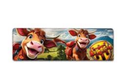 Magnet panorama souvenir Auvergne illustré de deux vaches en randonnée