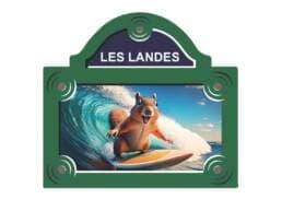 Magnet plaque de rue souvenir Landes avec écureuil sur une planche de surf