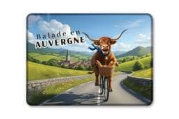 Magnet rectangle souvenir Auvergne illustré d'une vache à vélo