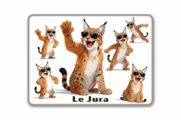 Magnet rectangle souvenir Jura avec plusieurs lynx portant des lunettes de soleil