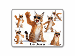 Magnet rectangle souvenir Jura avec plusieurs lynx portant des lunettes de soleil