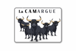 Magnet rectangle souvenir Camargue représentant plusieurs taureaux portant des lunettes de soleil