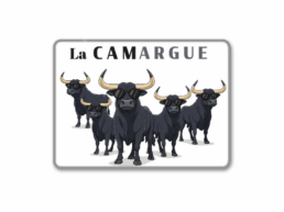 Magnet rectangle souvenir Camargue représentant plusieurs taureaux portant des lunettes de soleil
