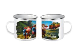 Mug en fer émaillé souvenir Auvergne illustré de vaches en randonnée