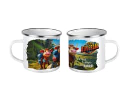 Mug en fer émaillé souvenir Auvergne illustré de vaches en randonnée
