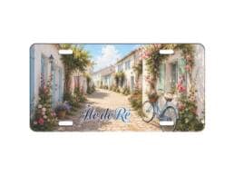 Plaque décorative immatriculation souvenir Île de Ré avec ruelle fleurie et vélo