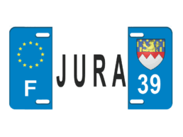 Plaque d'immatriculation métal souvenir Jura avec numéro 39 et blason