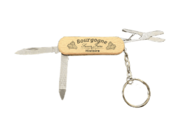 Porte-clés couteau multifonction souvenir Bourgogne avec manche en bois