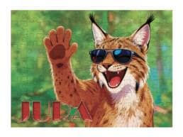 Puzzle 100 pièces souvenir Jura avec lynx portant des lunettes de soleil