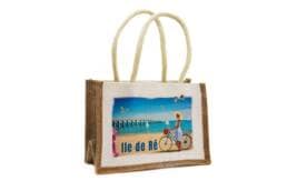 Sac jute souvenir Île de Ré avec femme, vélo et pont de l'île