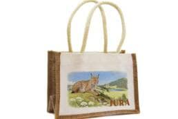 Sac en jute souvenir Jura avec illustration d'un lynx dans les montagnes