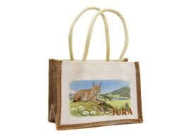 Sac en jute souvenir Jura avec illustration d'un lynx dans les montagnes