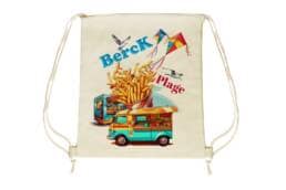 Sac pochon souvenir Berck avec illustration de friterie et cerfs-volants