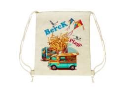 Sac pochon souvenir Berck avec illustration de friterie et cerfs-volants