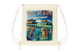 Sac pochon souvenir Arcachon avec hippocampes et cabane tchanquée