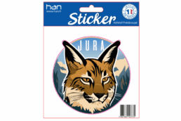 Sticker souvenir Jura représentant un lynx devant les montagnes