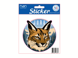 Sticker souvenir Jura représentant un lynx devant les montagnes