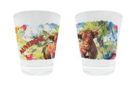 Verre à liqueur souvenir Auvergne illustré d'une vache Salers colorée
