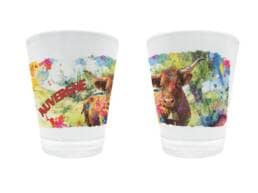 Verre à liqueur souvenir Auvergne illustré d'une vache Salers colorée
