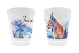 Verre à liqueur souvenir Jura illustré d'un lynx et de montagnes