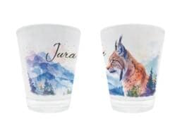 Verre à liqueur souvenir Jura illustré d'un lynx et de montagnes