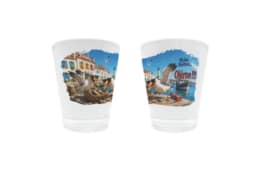 Verre à liqueur souvenir Oléron avec mouette, huîtres et port de pêche