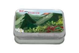 Boîte comptoir souvenir Île de La Réunion avec volcan, végétation tropicale et caméléon