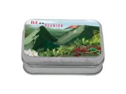 Boîte comptoir souvenir Île de La Réunion avec volcan, végétation tropicale et caméléon