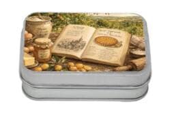 Boîte comptoir souvenir Mirabelles Lorraine décorée d'une tarte aux mirabelles