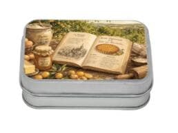 Boîte comptoir souvenir Mirabelles Lorraine décorée d'une tarte aux mirabelles